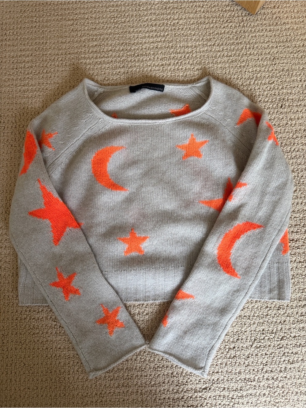 360 Cashmere Gray Crewneck Sweater with Orange Star & Moon Motifs
